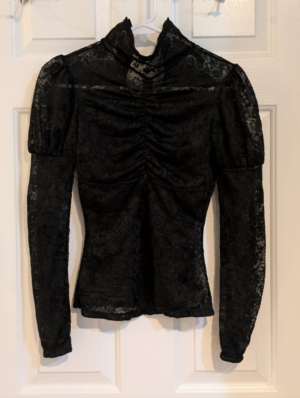 Black Lace Ruched High-Neck Long Sleeve Top